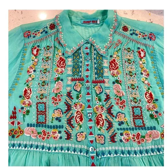 Gorgeous Johnny Was Floral Embroidered Blouse ~ Tiffany Blue ~ Boho Chic - Picture 8 of 14